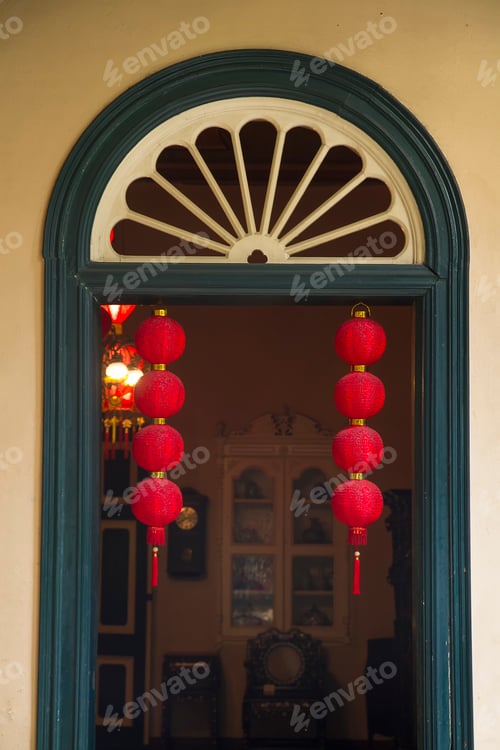 Preview: small red chinese lantern hanging on the doorway