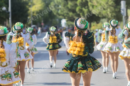 Preview: Hispanic dancers wearing traditional clothes marching in parade celebrating national holiday.