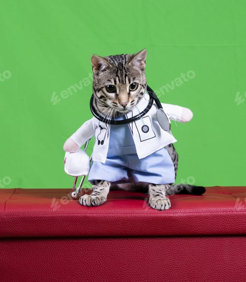 Preview: Pure breed Bengal cat in a doctor costume on a red box with a green background