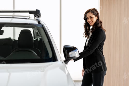 Preview: Saleswoman adjusting rearview mirror of new white car in dealership