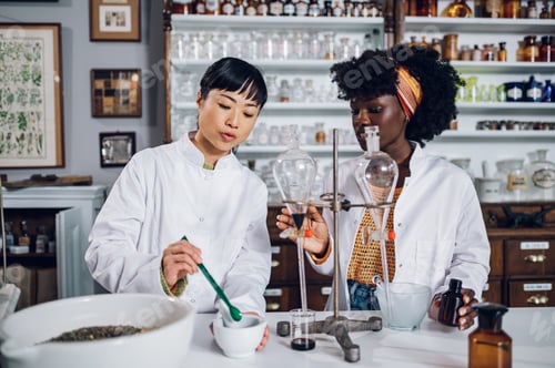 Preview: Two professional multicultural pharmacists are standing in a vintage apothecary