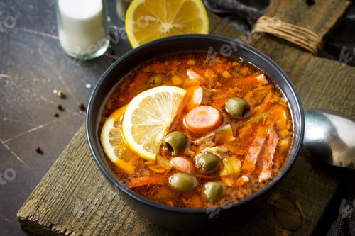 Preview: Russian soup Solyanka with meat, sausages, vegetables, capers, pickles and olives with lemon.
