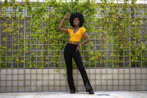 Preview: Portrait of a beautiful young african american woman posing against backdrop of green hedge
