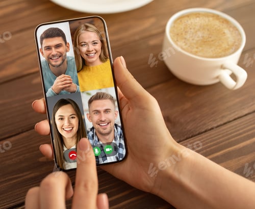 Preview: Cropped of woman using application for telecommunication on smartphone, collage
