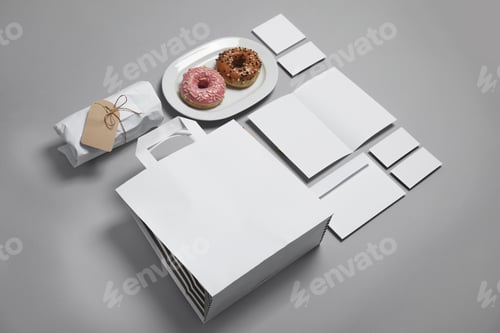 Preview: Composition with items for mock up design on gray background. Food delivery service