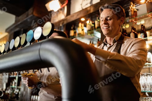 Vista previa: Feliz barista sirviendo cerveza de barril mientras trabaja en un bar.