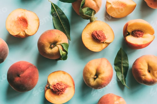Preview: top view of peaches, summer food flat lay