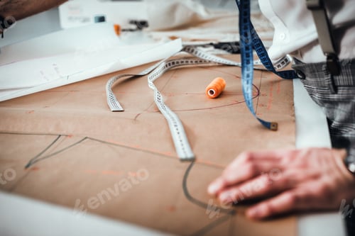 Preview: Fashion designer desk with equipment, tailoring and sewing workshop concept