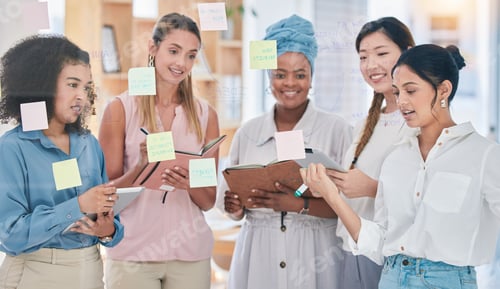 Preview: Sticky notes, planning ideas or vision in training with talking creatives and marketing strategy, k