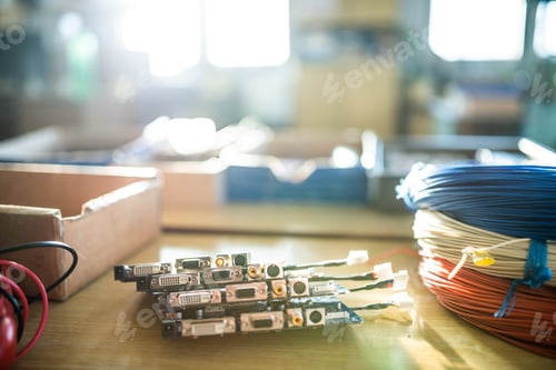 Preview: Close-up electric green embedded microcircuits in production
