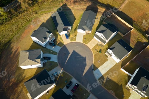 Preview: Aerial view of cul de sac at neighbourhood road dead end with densely built homes