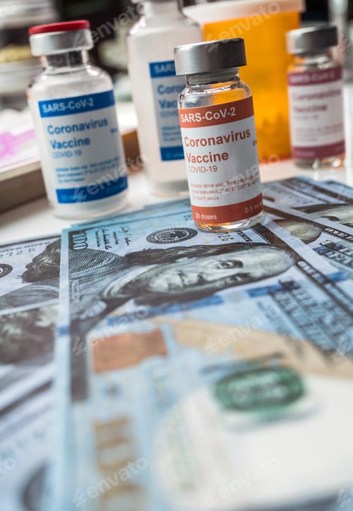 Preview: Vial of coronavirus on american banknotes, conceptual image