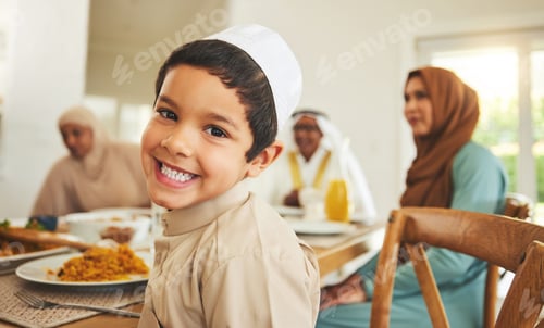 Preview: Food, portrait and child with big family and muslim holiday for eid mubarak, Islamic celebration an