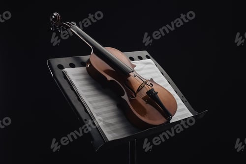 Preview: classic wooden cello on opened music book on stand isolated on black