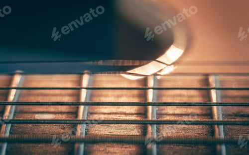Preview: Strings on a classical acoustic guitar, macro shot.