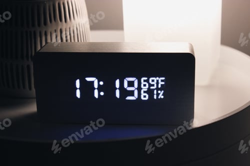 Preview: Minimalistic alarm clock on white bedside table