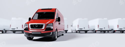 Preview: Red commercial van and fleet of white trucks. Transport. Transport and shipping