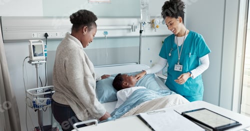 Preview: Healthcare, doctor and child in hospital bed with mom, happy and discussion for progress update. Si