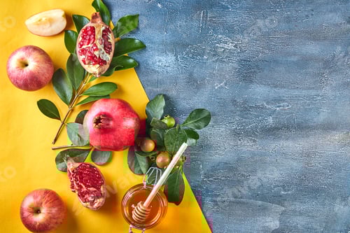 Preview: Rosh hashanah - jewish New Year holiday concept. Traditional symbols: Honey jar and fresh apples