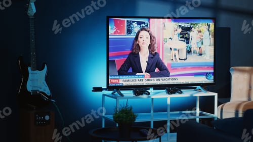 Preview: TV in apartment showing news broadcast