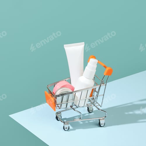 Preview: Toy cart with cosmetics, buying cosmetic products in the store.