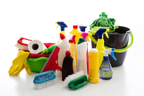 Preview: Cleaning supplies and bucket isolated against white background.