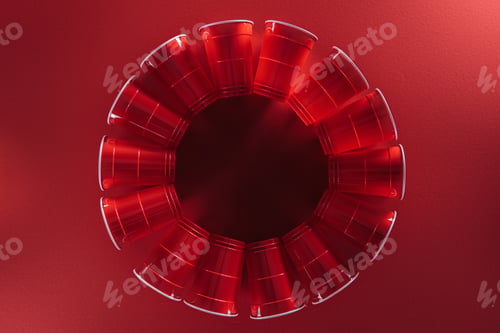 Preview: flat lay with bright and colorful plastic cups on red background with copy space
