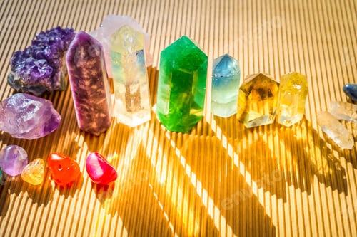 Preview: Healing crystals on brown background