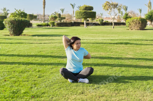 Preview: Middle-aged woman doing outdoor sports, 40s female sitting on grass on sunny summer morning