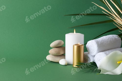 Preview: Spa treatment with herbal bag, candles and palm leaf on green background. Close up, copy space