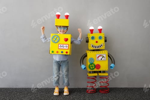 Preview: Happy child with robot have an idea