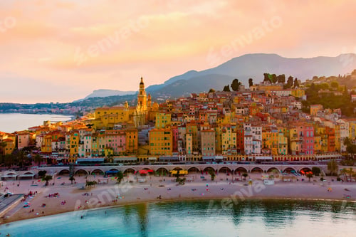 Preview: colorful old town Menton on french Riviera, France. Drone aerial view over Menton France Europe