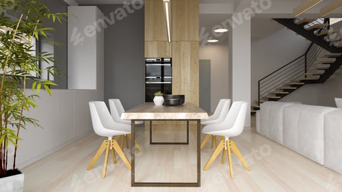 Preview: Interior of modern dining room 3D rendering