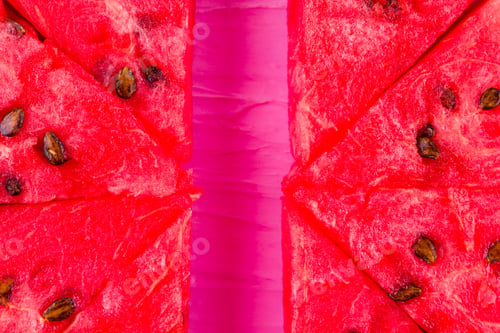 Preview: Slices Of Watermelon On Pink Background. Sliced Watermelon With Seeds. Creative Food Concept. Top