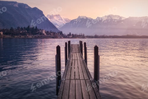 Preview: pier in lake and mountains