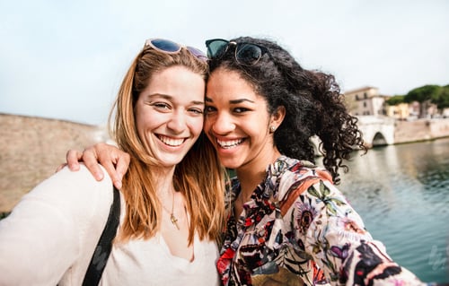 Preview: Multicultural female best friends taking selfie having fun together