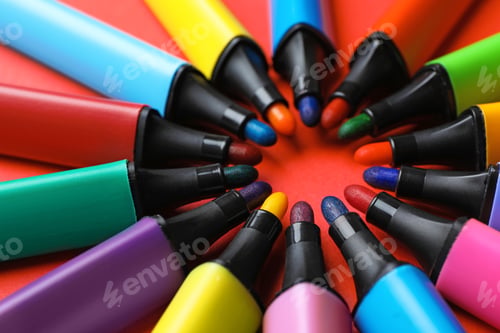 Preview: Composition with markers on color background. Rainbow palette