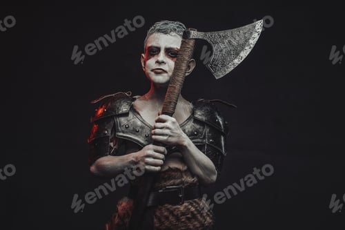 Preview: Fantasy little soldier from the past with axe in dark background