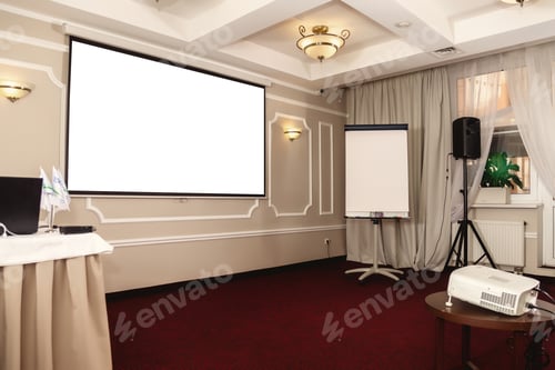 Preview: Mock up screen display on light wall in conference hall, big blank board projection screen