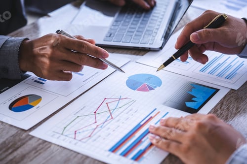 Preview: Finance manager meeting discussing company growth project success financial statistics, professional
