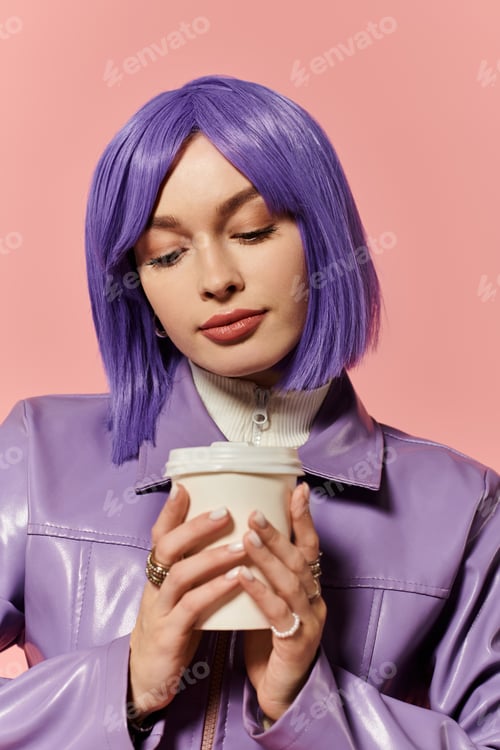 Preview: Vibrant stylish woman holding a coffee cup against a colorful pastel background in a modern setting
