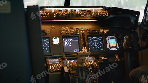 Preview: Empty airplane cockpit with dashboard and control panel