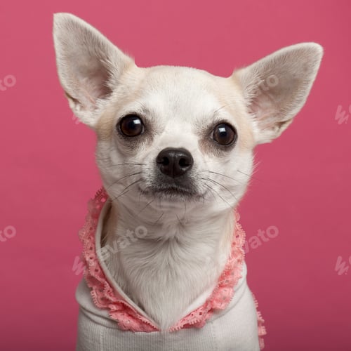 Preview: Close-up of Chihuahua wearing pink laced shirt in front of pink background