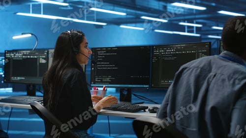 Preview: Woman next to colleagues talks in headphones mic while overseeing supercomputers