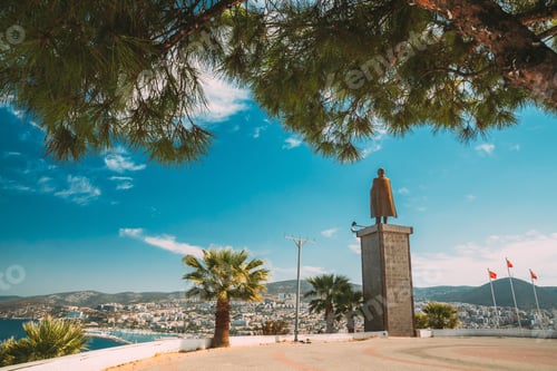 Preview: Kusadasi, Aydin Province, Turkey. Ataturk monument And Kusadasi Cityscape In Sunny Summer Day