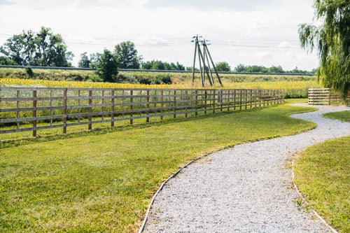Preview: Beautiful day on the farm. Countryside landscape, rural farm and wooden fence