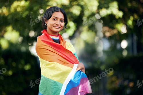 Preview: Portrait, woman and rainbow flag for pride, support and lgbtq awareness, sexuality freedom and quee