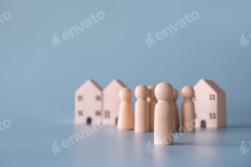 Preview: Small wooden faceless figures of human family members and house