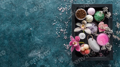 Preview: top view of sea salt and organic spa accessories in box