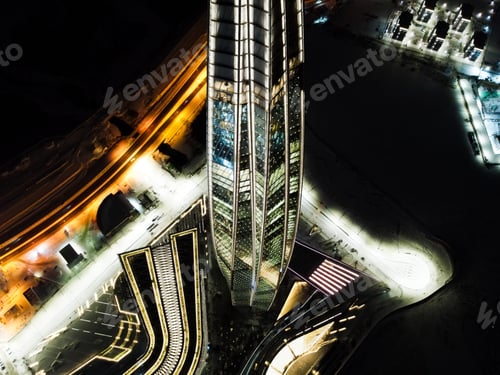 Preview: Top-down aerial view of Lakhta Center's illuminated architecture